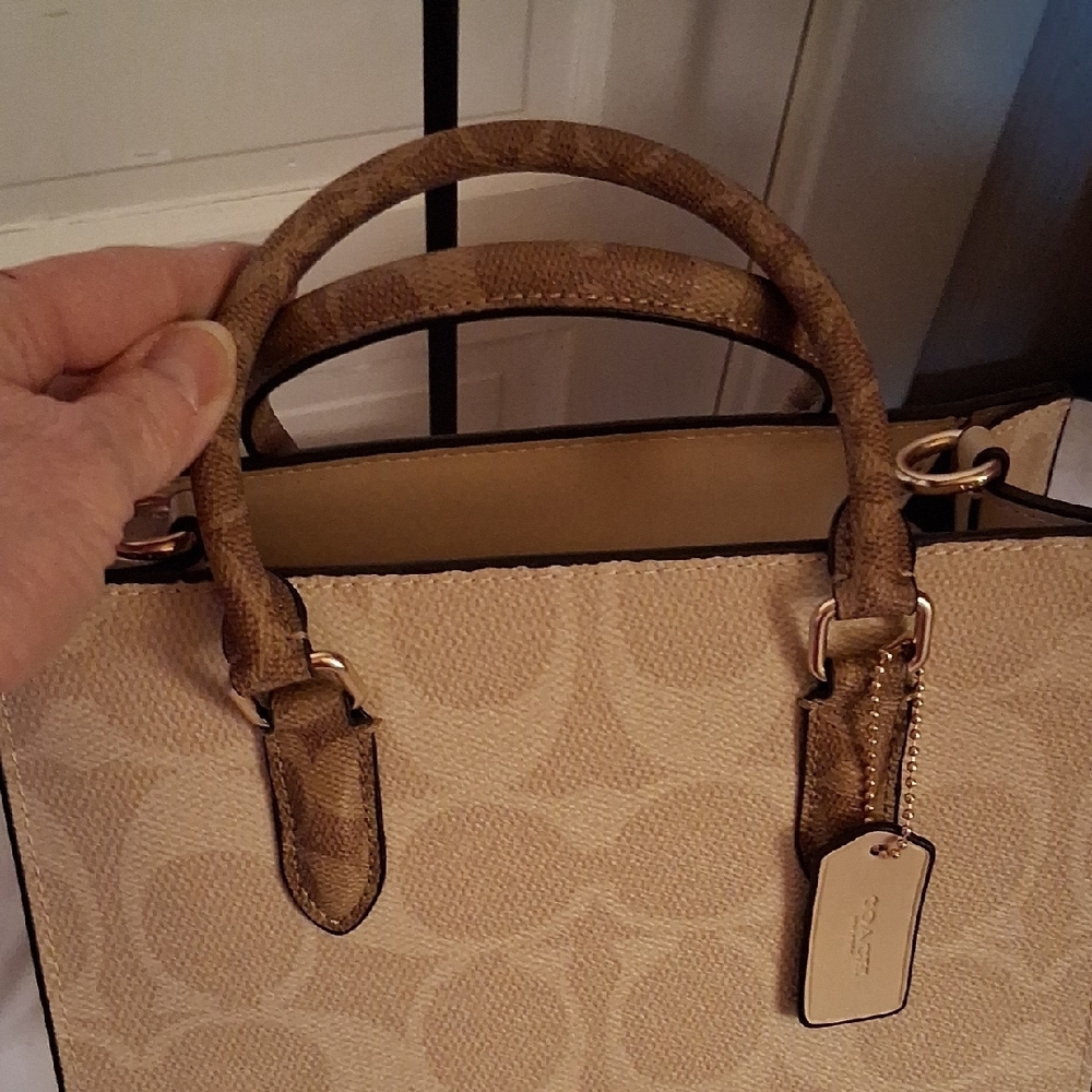 Coach Beige Signature Canvas Satchel with Tan Handles - Picture 8 of 13